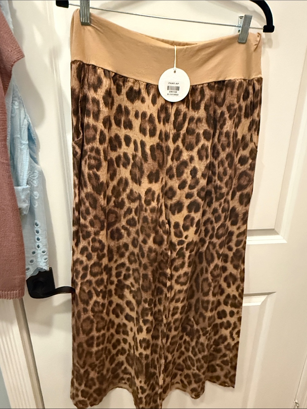 Leopard Print extra wide leg pant with Tan Waistband